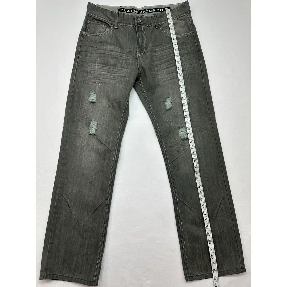Platini Jeans Co Men’s Gray Distressed Jeans 36x32 Y2K Straight Leg Denim